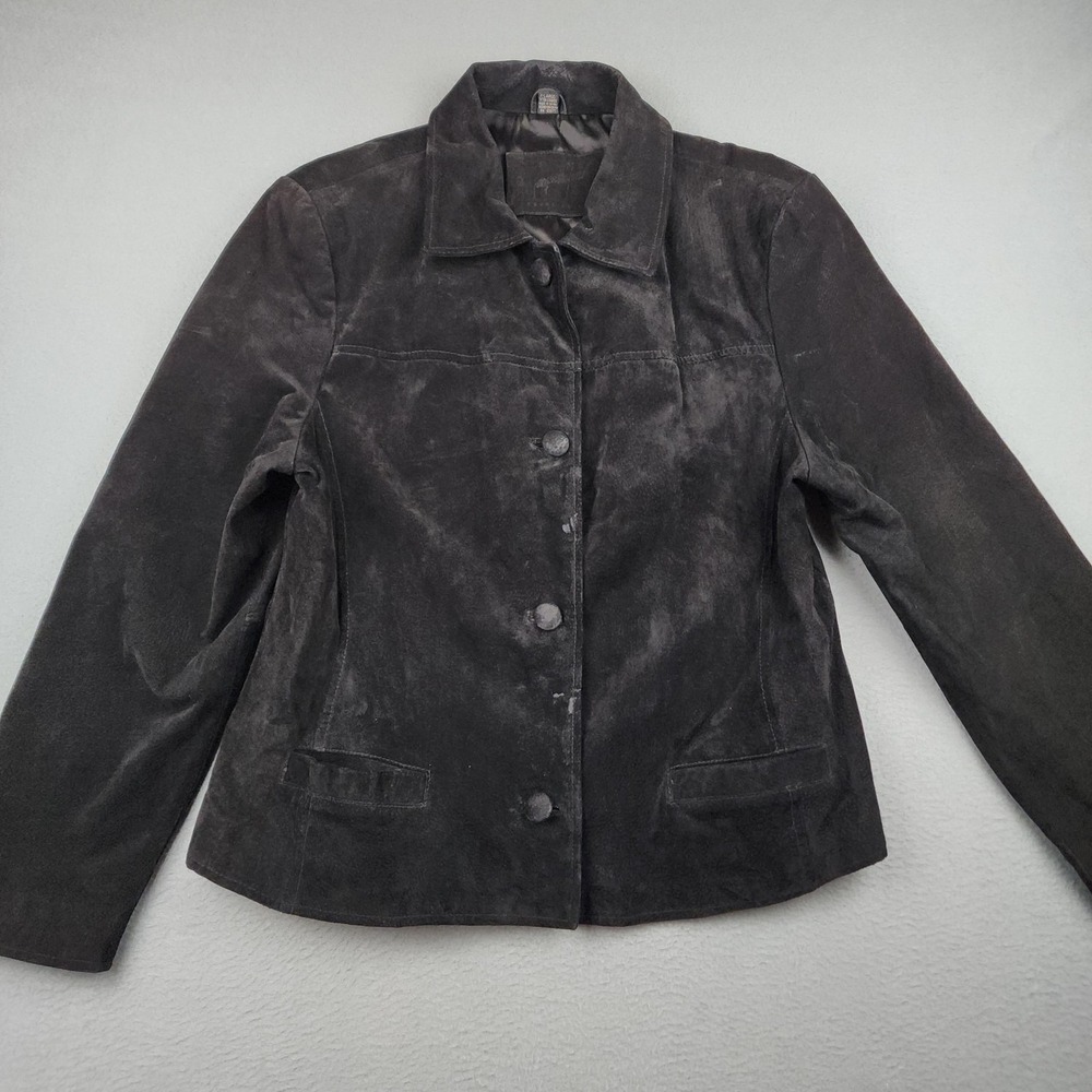 Jacqueline Ferrar Jacket Womens XL Black Suede Leather Button Front Lined Collar